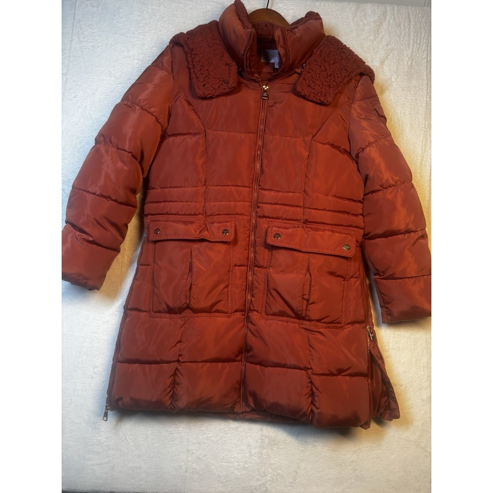 Madden Girl Hooded Sherpa Jacket Women Long Puffer Coat Lg Pockets Terracotta